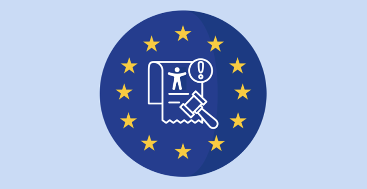 The EU emblem with a legal document and gavel, symbolizing EAA enforcement and penalties for non-compliant businesses.